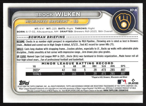 2024 Bowman #BCP-86 Brock Wilken Chrome Prospects