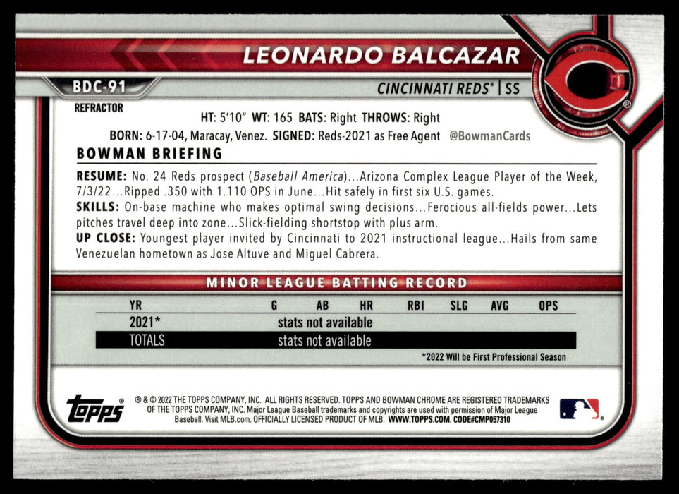 2022 Bowman Draft #BDC-91 Leonardo Balcazar Chrome Refractor