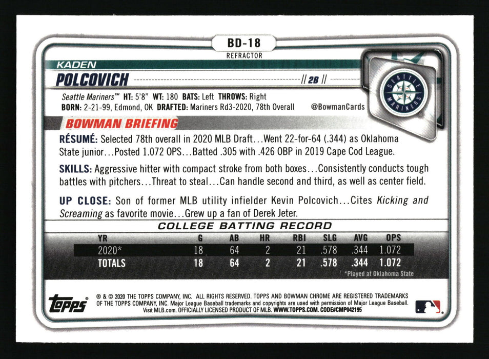 2020 Bowman Draft #BD-18 Kaden Polcovich Chrome Refractor