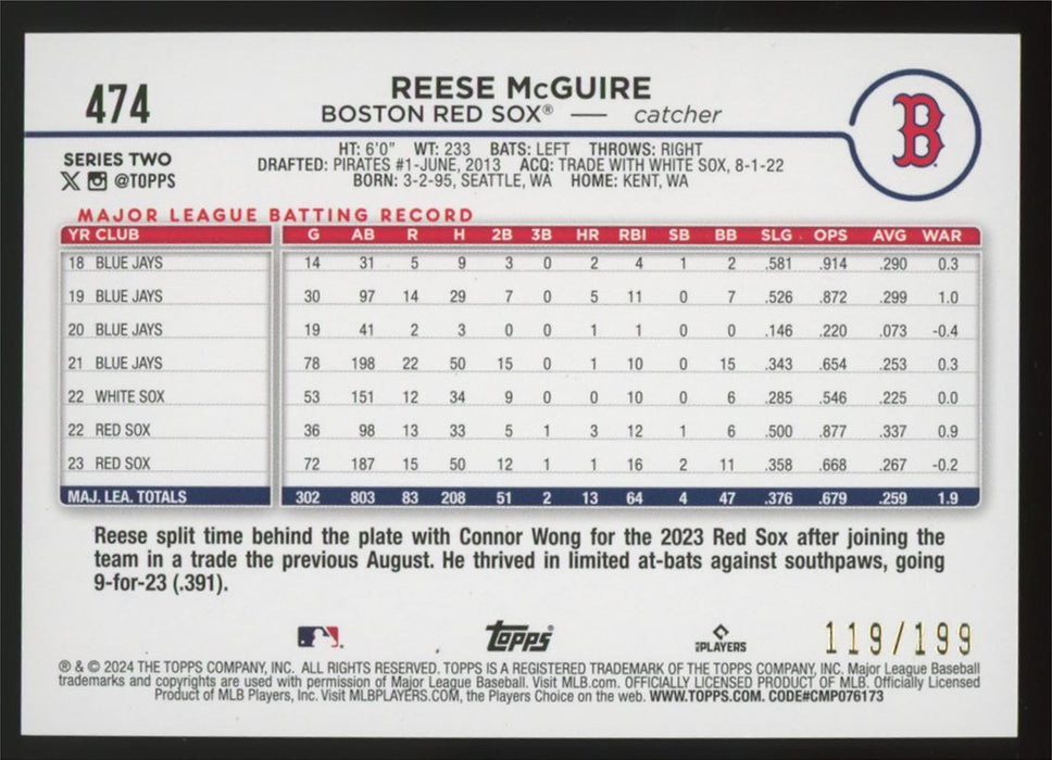 2024 Topps #474 Reese McGuire Red Crackle Foil