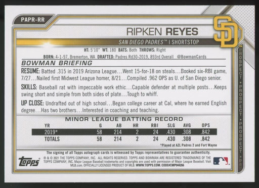 2021 Bowman Prospect Autographs #PAPR-RR Ripken Reyes Blue /150 Bowman First