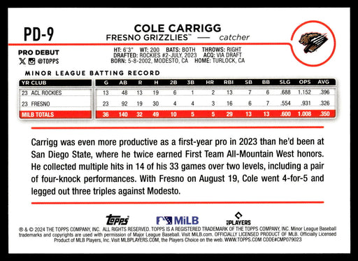 2024 Topps Pro Debut #PD-9 Cole Carrigg