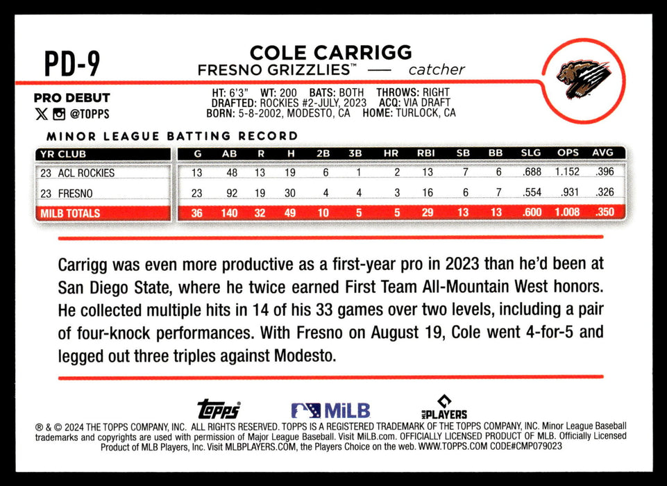 2024 Topps Pro Debut #PD-9 Cole Carrigg