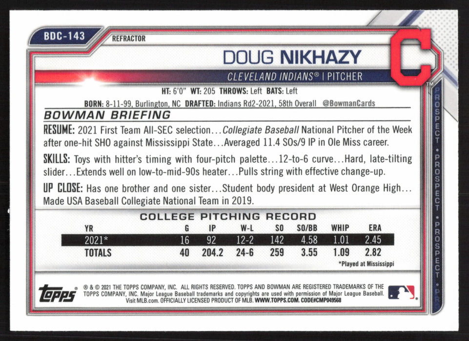 2021 Bowman Draft #BDC-143 Doug Nikhazy Chrome Refractor