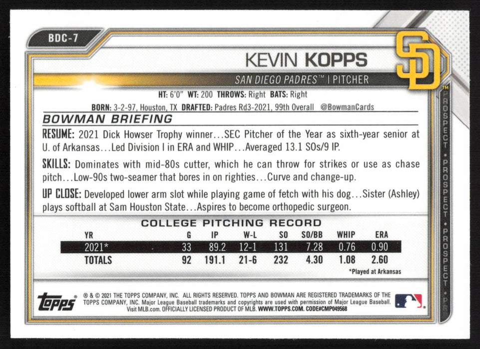 2021 Bowman Draft #BDC-7 Kevin Kopps Chrome Refractor