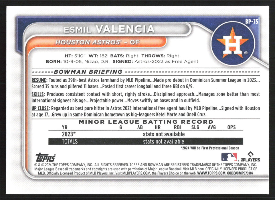 2024 Bowman #BP-75 Esmil Valencia Prospects Base