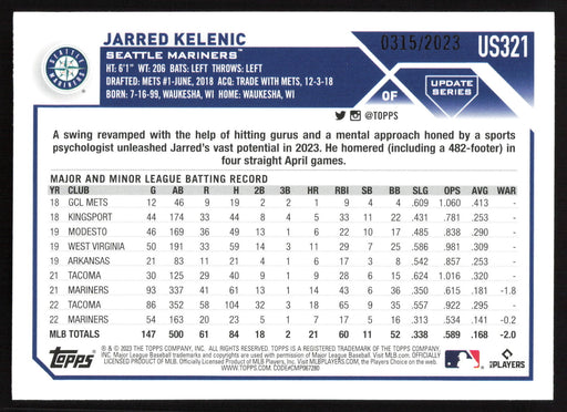 2023 Topps Update #US321 Jarred Kelenic Gold #/2023