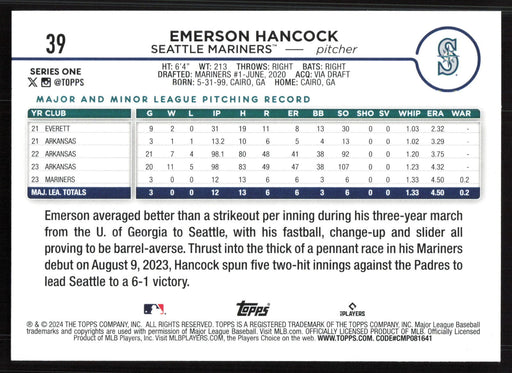 2024 Topps #39 Emerson Hancock Holiday