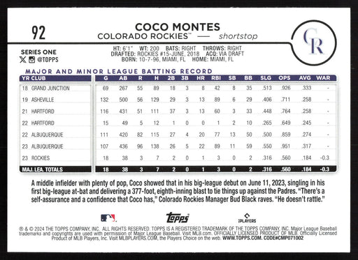 2024 Topps #92 Coco Montes - 5 Card Player Lot - Rookie Card