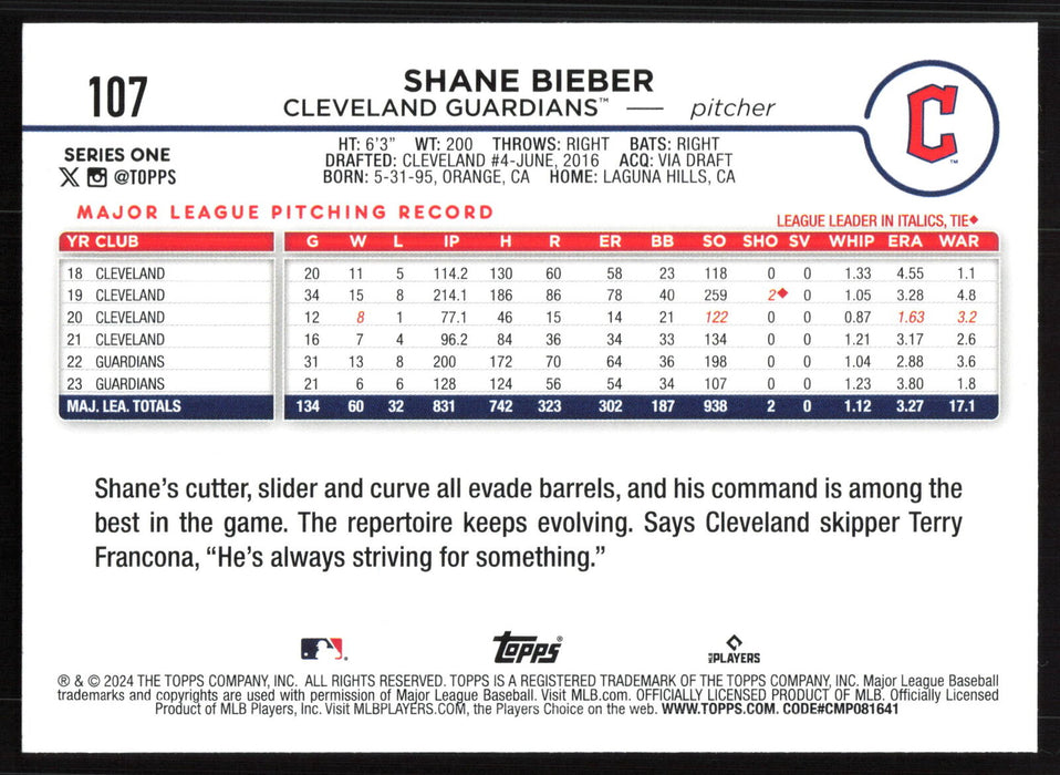 2024 Topps #107 Shane Bieber Holiday