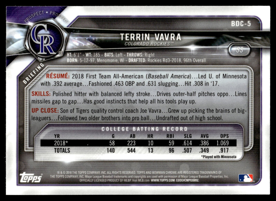 2018 Bowman Draft #BDC-5 Terrin Vavra Chrome