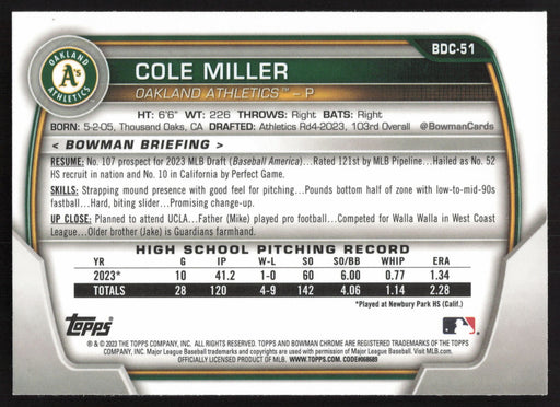 2023 Bowman Draft #BDC-51 Cole Miller Chrome Sky Blue Refractor