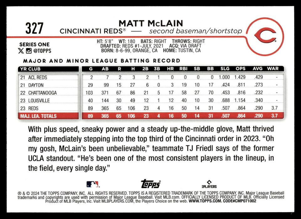 2024 Topps #327 Matt McLain Rainbow Foil