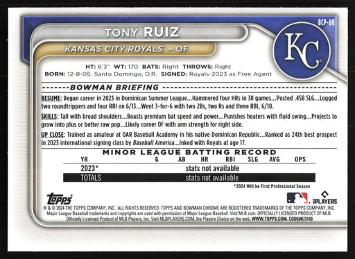 2024 Bowman #BCP-80 Tony Ruiz Chrome Prospects