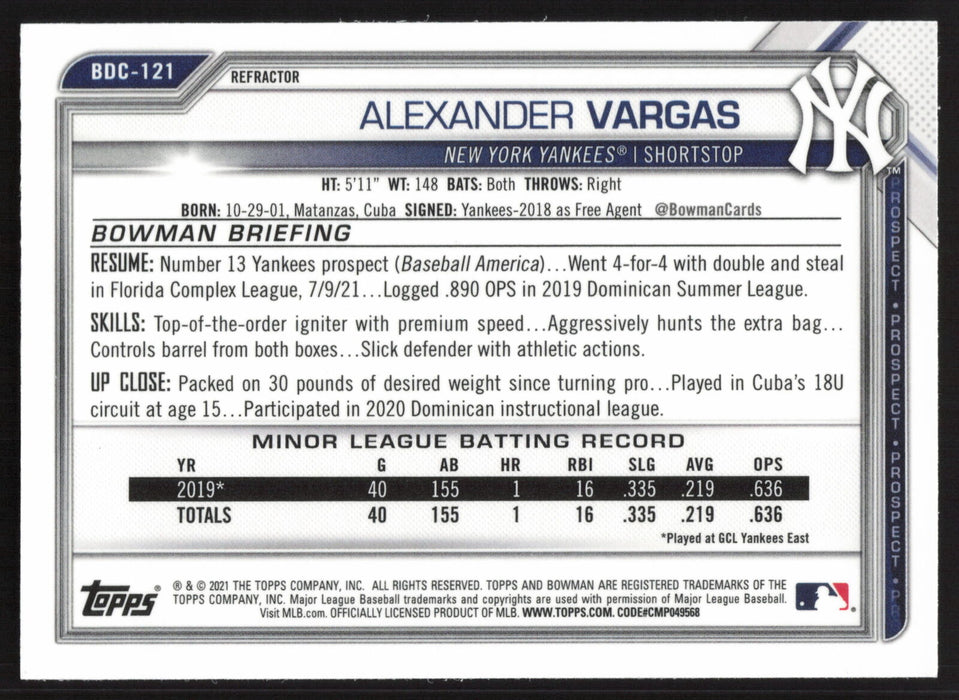 2021 Bowman Draft #BDC-121 Alexander Vargas Chrome Refractor