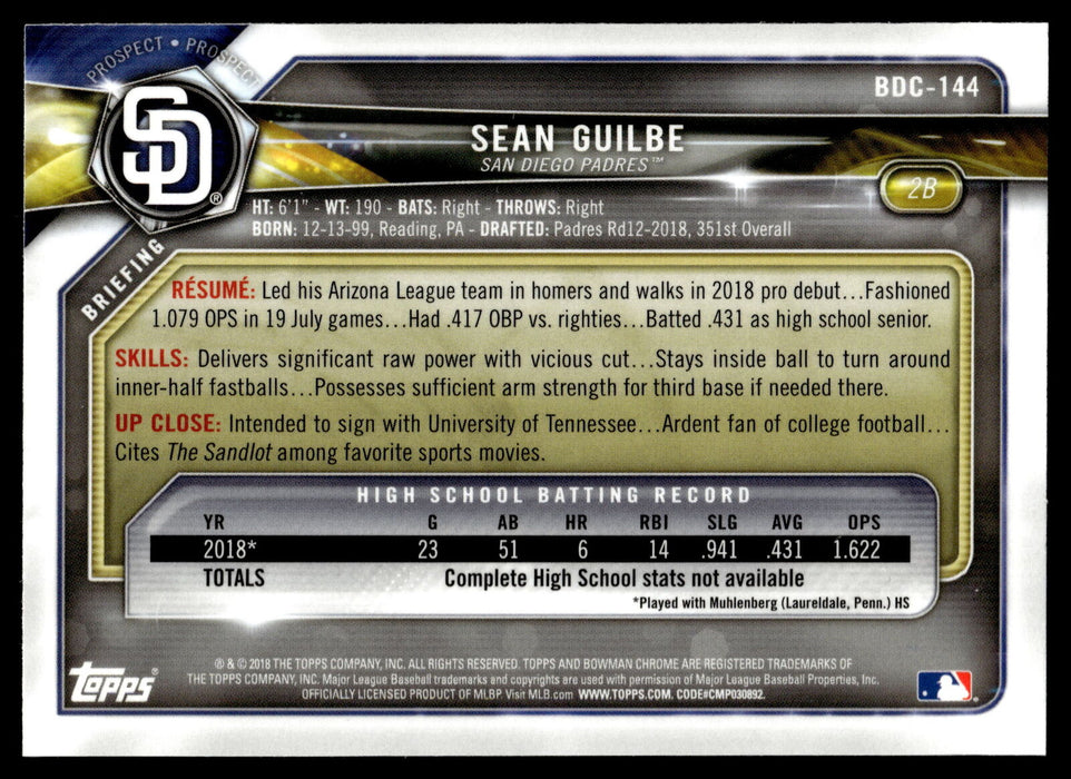 2018 Bowman Draft #BDC-144 Sean Guilbe