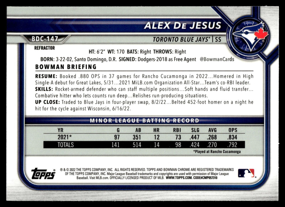 2022 Bowman Draft #BDC-147 Alex De Jesus Chrome Refractor