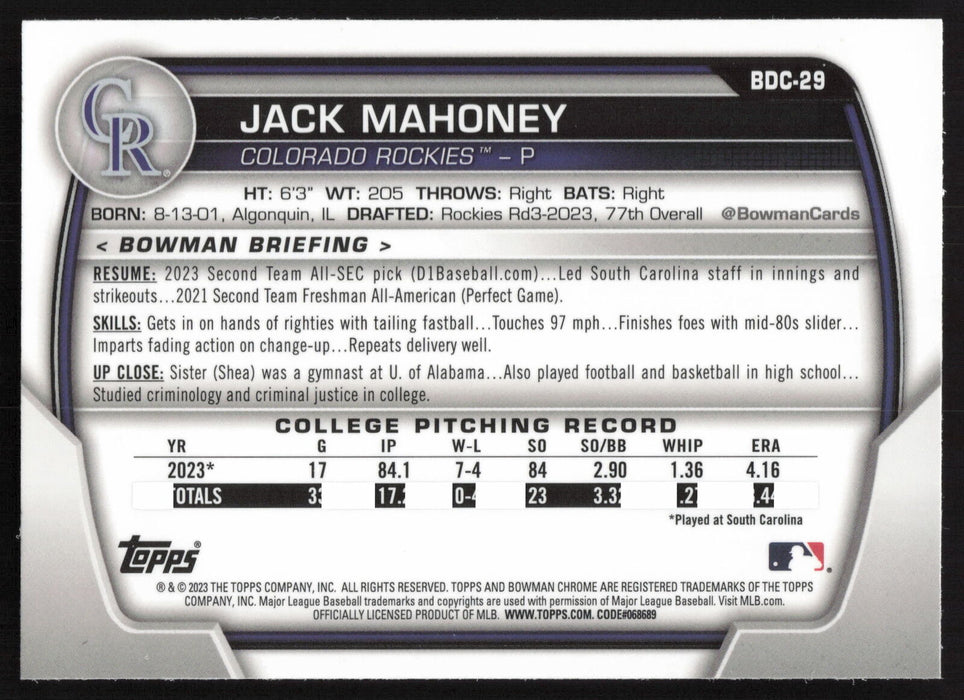 2023 Bowman Draft #BDC-29 Jack Mahoney Chrome Sky Blue Refractor