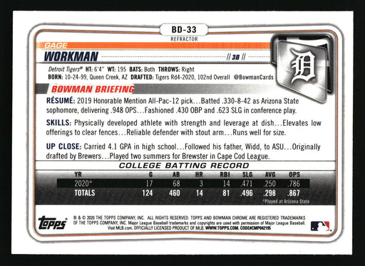 2020 Bowman Draft #BD-33 Gage Workman Chrome Refractor