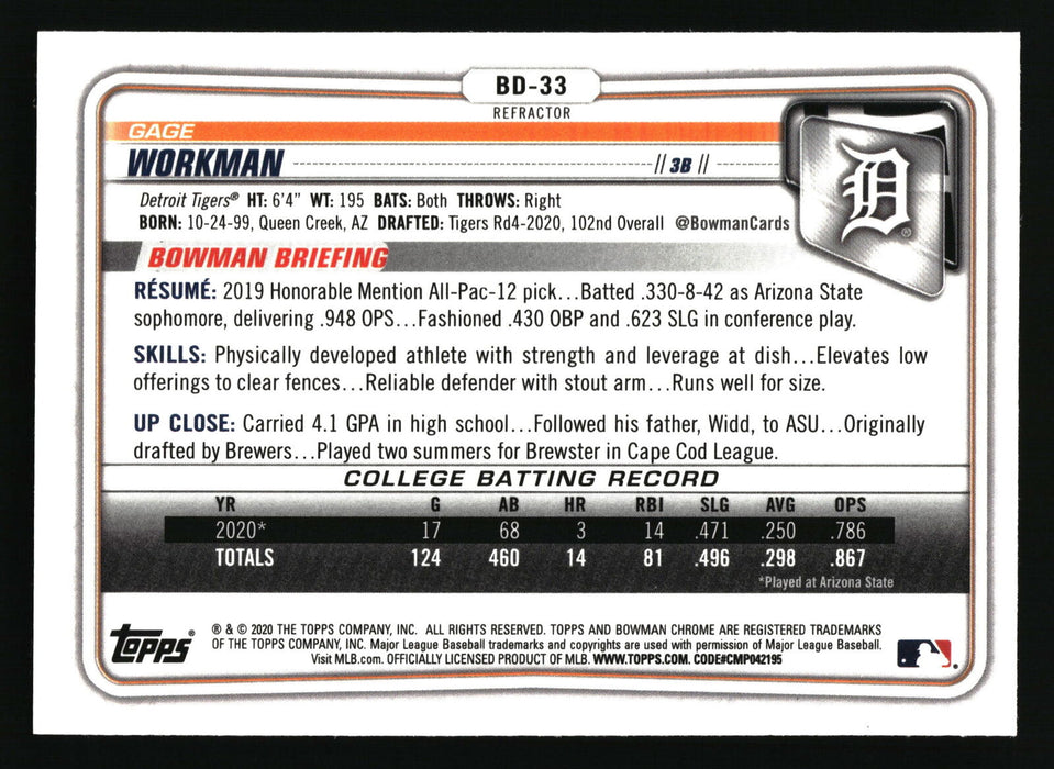 2020 Bowman Draft #BD-33 Gage Workman Chrome Refractor