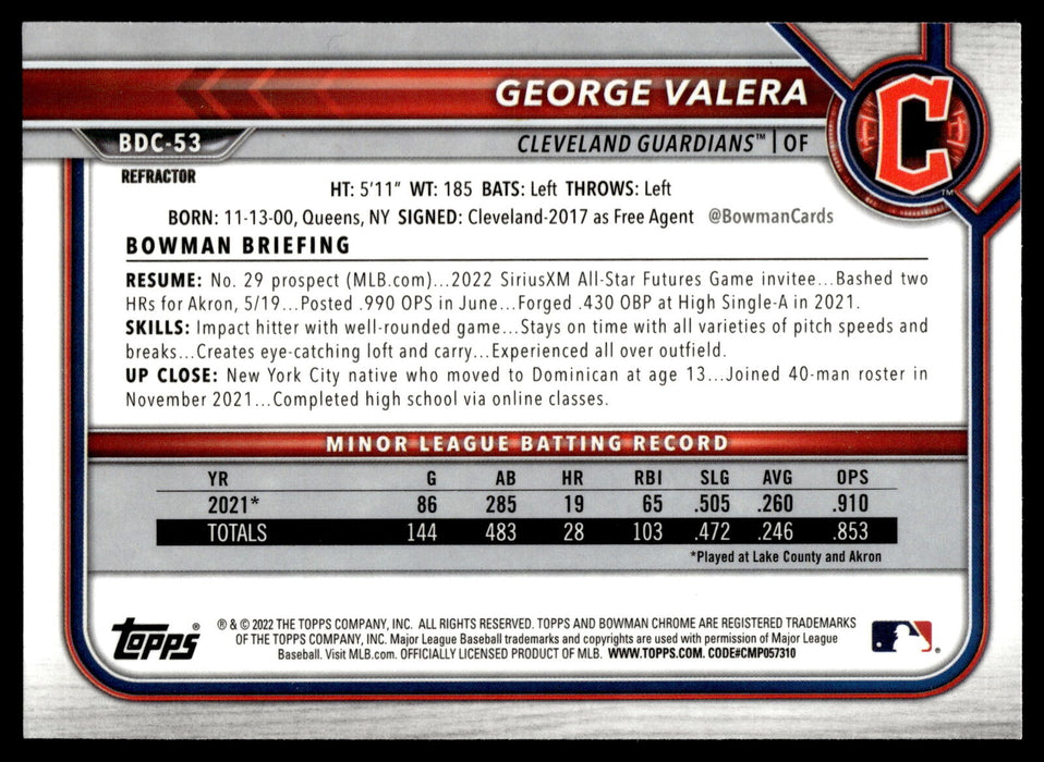 2022 Bowman Draft #BDC-53 George Valera Chrome Refractor