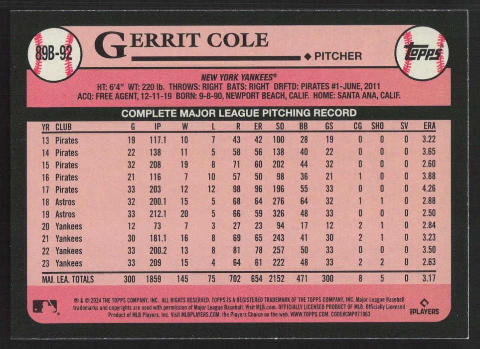 2024 Topps #89B-92 Gerrit Cole 1989 Topps Baseball 35th Anniversary Blue