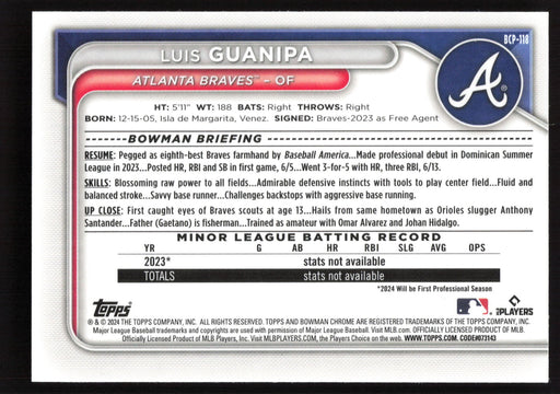 2024 Bowman #BCP-118 Luis Guanipa Chrome Prospects Lunar Glow Refractors