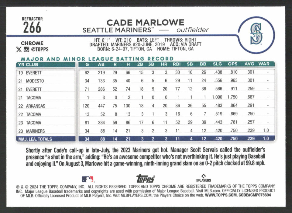 2024 Topps Chrome #266 Cade Marlowe Refractor