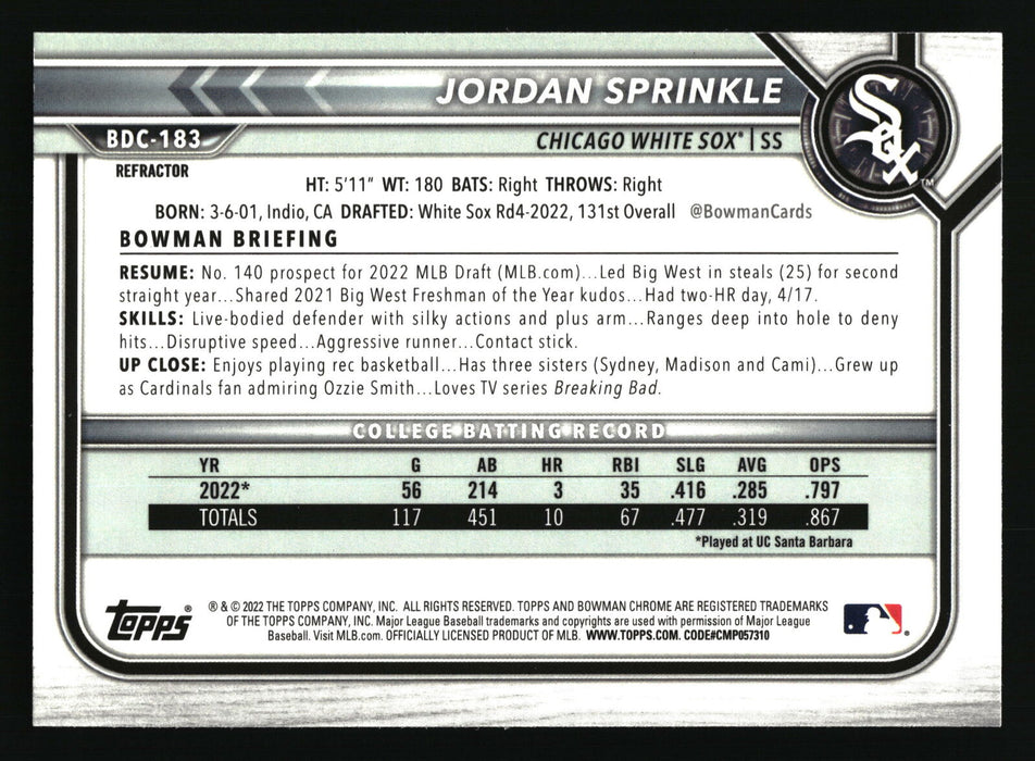 2022 Bowman Draft #BDC-183 Jordan Sprinkle Chrome Refractor