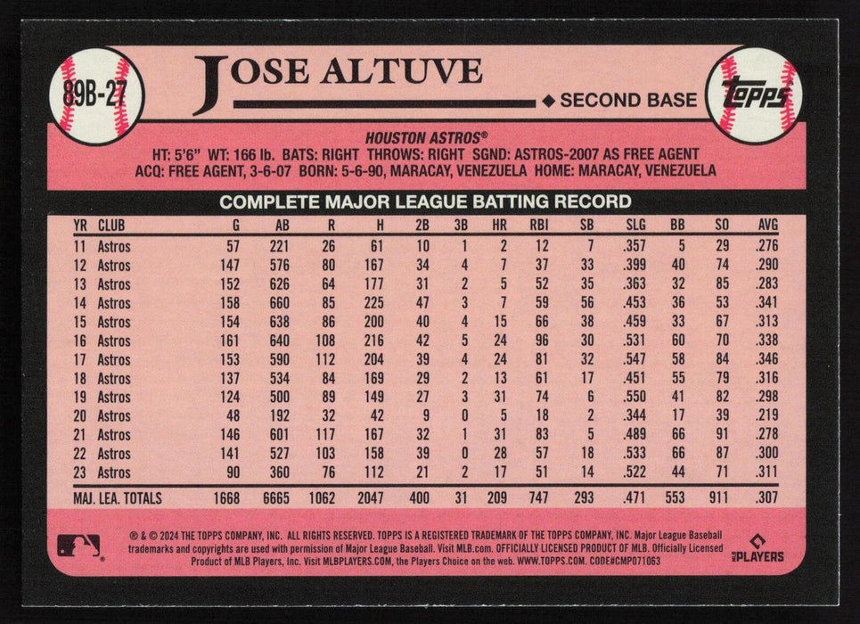 2024 Topps #89B-27 Jose Altuve 1989 Topps Baseball 35th Anniversary