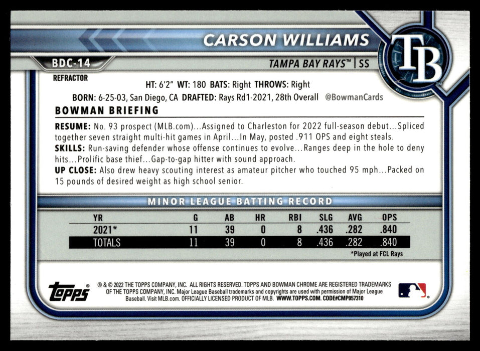 2022 Bowman Draft #BDC-14 Carson Williams Chrome Refractor