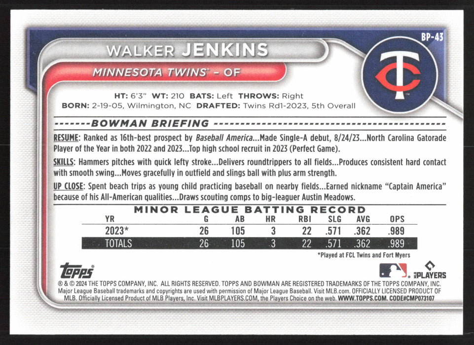 2024 Bowman #BP-43 Walker Jenkins Prospects