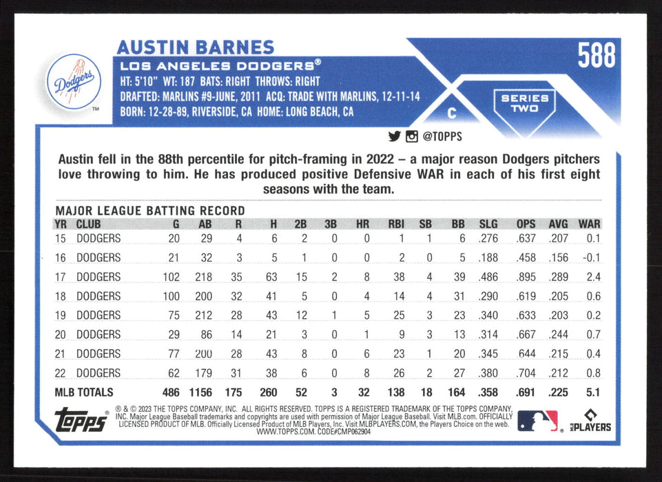 2023 Topps #588 Austin Barnes Rainbow Foil