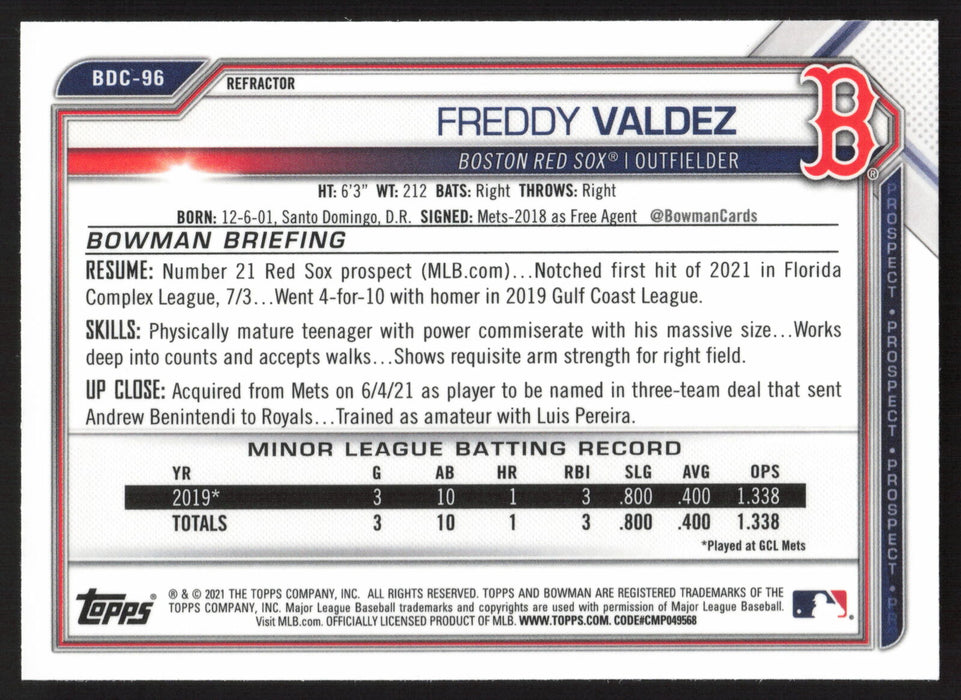 2021 Bowman Draft #BDC-96 Freddy Valdez Chrome Refractor