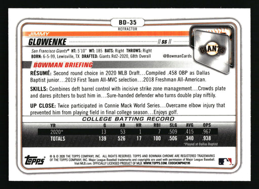 2020 Bowman Draft #BD-35 Jimmy Glowenke Chrome Refractor