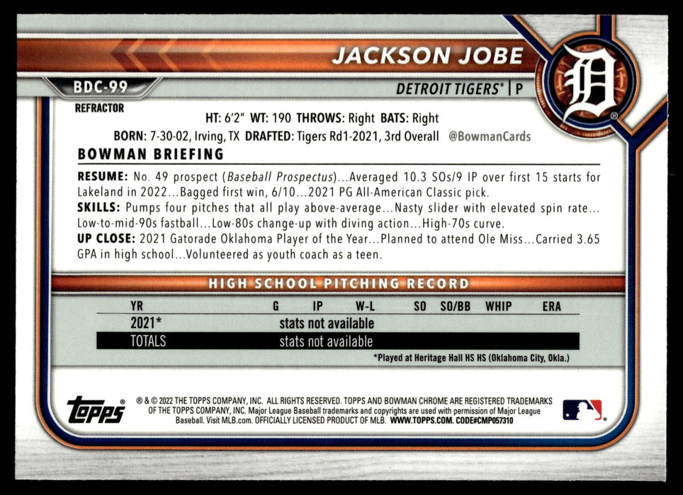 2022 Bowman Draft #BDC-99 Jackson Jobe Chrome Refractor