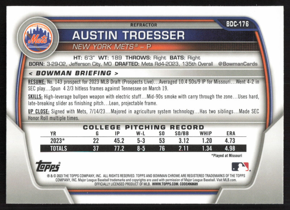 2023 Bowman Draft #BDC-176 Austin Troesser Chrome Refractor