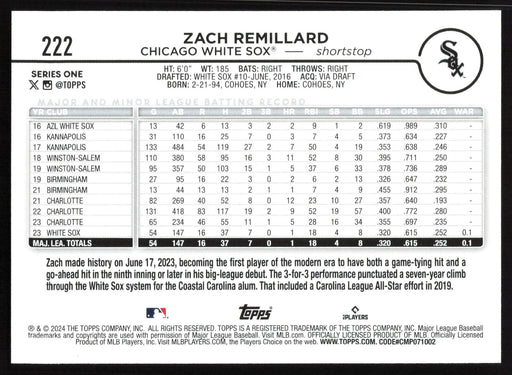 2024 Topps #222 Zach Remillard - 5 Card Player Lot - Rookie Card