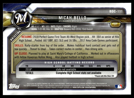 2018 Bowman Draft #BDC-111 Micah Bello