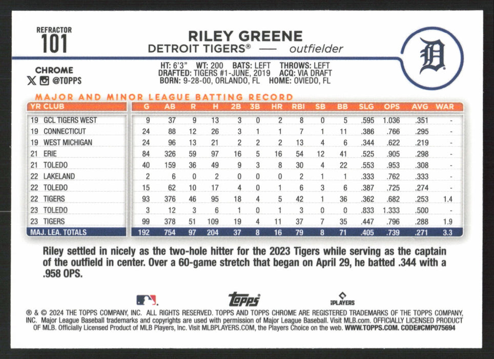 2024 Topps Chrome #101 Riley Greene Refractor