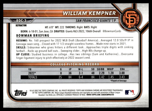 2022 Bowman Draft #BDC-3 William Kempner Chrome Refractor