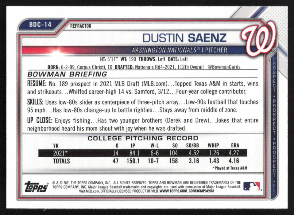 2021 Bowman Draft #BDC-14 Dustin Saenz Chrome Refractor