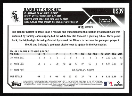 2023 Topps Update #US39 Garrett Crochet Gold #/2023