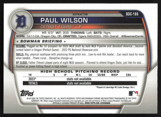 2023 Bowman Draft #BDC-186 Paul Wilson Chrome Refractor