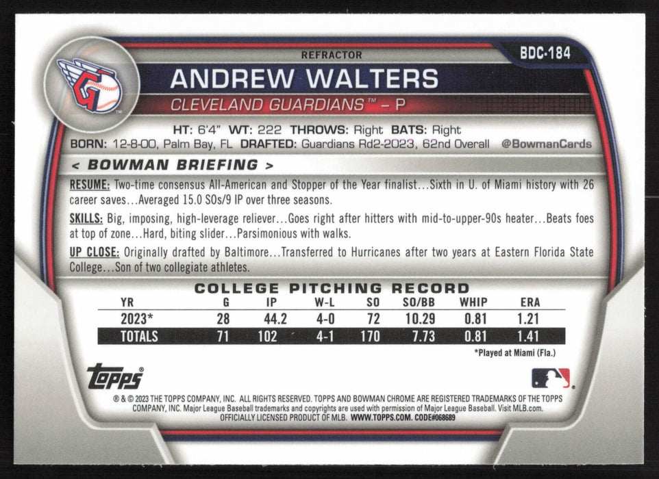 2023 Bowman Draft #BDC-184 Andrew Walters Chrome Refractor