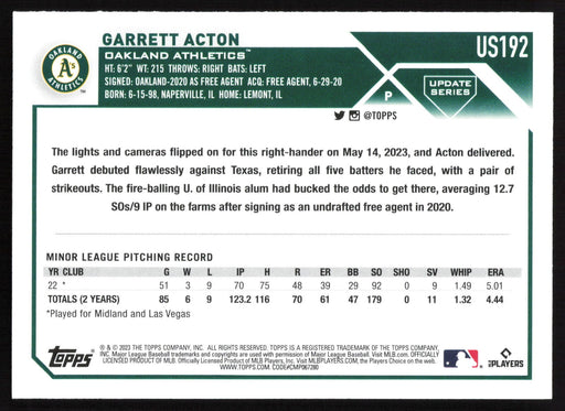 2023 Topps Update #US192 Garrett Acton Gold Foil