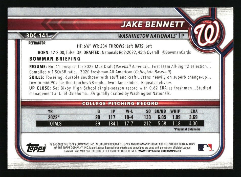 2022 Bowman Draft #BDC-141 Jake Bennett Chrome Refractor