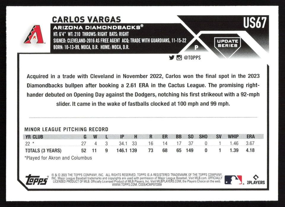 2023 Topps Update #US67 Carlos Vargas Orange and Black Foil