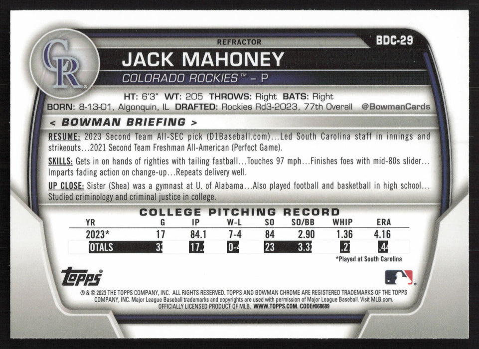 2023 Bowman Draft #BDC-29 Jack Mahoney Chrome Refractor