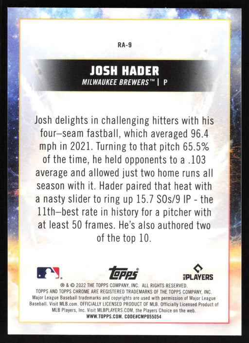 2022 Topps Chrome Cosmic #RA-9 Josh Hader Rocket Arms